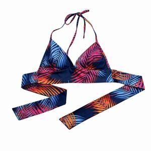 SexyCherry Tropical Wrap Halter Crop Top Multicolor Palm Print Sz M